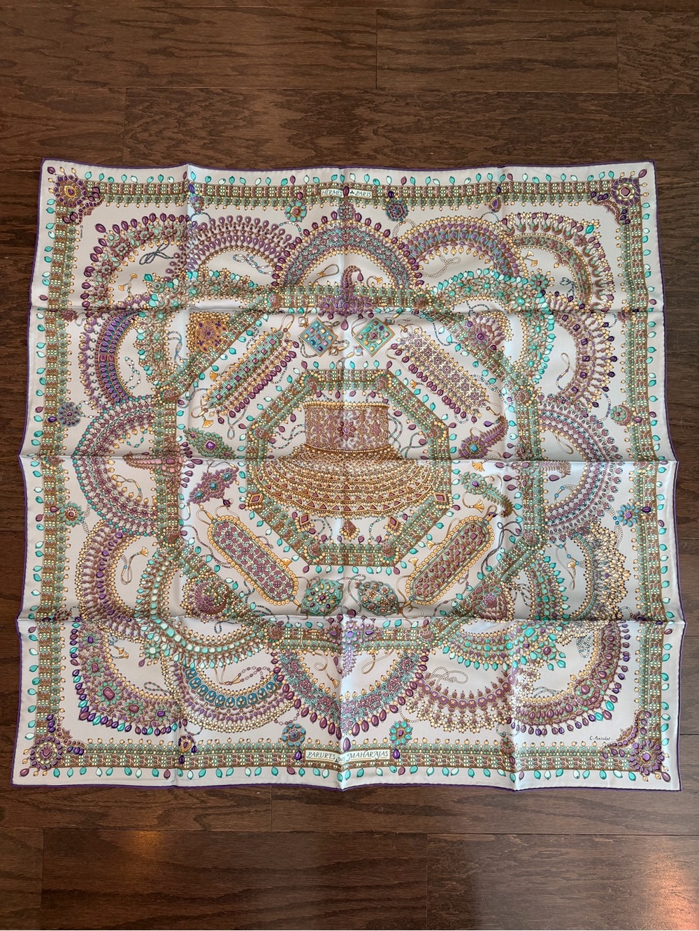NWT Hermes Maharaja Silk Scarf with Gold, Turquoise & Purple Motif